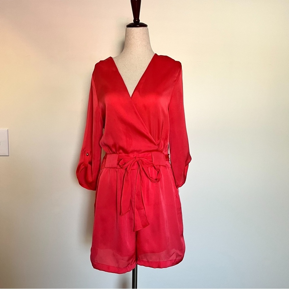 Very J Hot Pink Satin Surplice Romper Tie Waist Roll Tab Sleeve size large